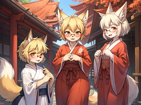 Japanese shrine maiden outfit fox , short blonde hair, freckles, (thick lips), plump, glasses , Suspicion eyes , gohei