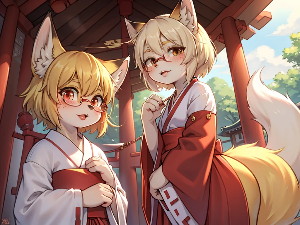 Japanese shrine maiden outfit fox , short blonde hair, freckles, (thick lips), plump, glasses , Suspicion eyes , gohei