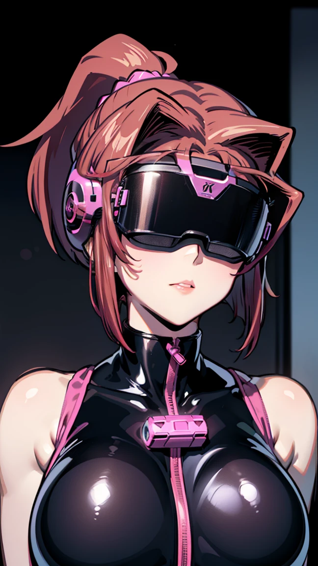 1 girl,NsfW,Helmet,(( brainwashing, visor)), wire, Kyoko Masaki,(Yu-Gi-Oh),ToDef,short hair, brown hair, hair ornament, high ponytail, ponytail,huge breasts, clavicle, Glowing purple eyes,absurdes, brainwashing,empty eyes, ((No expression,erasure of emotions)), (black latex tight bodysuit),look away , Whole body shape,(stand up, salute)(highest quality、4K、8K、High resolution、must have:1.2)、Super detailed、(reality、Realisticです、Realistic:1.37)、ticker、hyper HD、studio lighting、ultra definition paint、sharp focus、Physically based rendering、extreme details、Professional specifications、vibrancy and color、blurry、sports portrait、landscape、horror style、anime big breast、sf、photograph、concept artist、five fingers, perfect body,  {{{masterpiece}}}, {{{highest quality}}}, {{Super detailed}}, {shape}, {{very delicate and beautiful}},Improved cost performance、all roles、Canon 5D MK4でphotograph、photograph, 