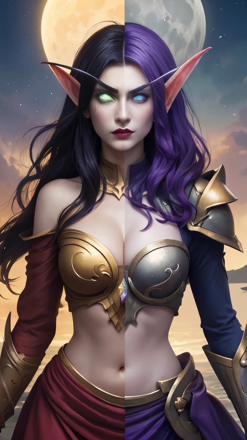 (Masterpiece, highly detailed, highly quality,  highly resolutions), 2 Pointy Ears, 2 eyebrows, line between the middle, Split Colored Hair in the Middle, cut the screen in the Middle, cut the Sun and Moon in Half, Split Colored Lips in the Middle, ({{BREAK nightelf, SplitScreen, split screen, Left screen, angry, clenched teeth, glowing eyes, left blue eyes, left Purple Hair, colored skin, mature female, purple Dress, purple shoulder pad, Navel, Cleavage, purple lips, looking at viewer, night, Sleeve, Long eyebrows, Princess of the Moon, Moon Background, left Half Moon center}}), vs, (BREAK bldelf, SplitScreen, splitscreen, Right Screen, angry, clenched teeth, glowing eyes, right Green eyes, right Blonde hair, colored sclera, mature female, Red Dress, red shoulder pad, Navel, cleavage, red lips, looking at viewer, day, Sleeves, long Eyebrows, Princess of the Sun, Sun Background, right Half Sun center))