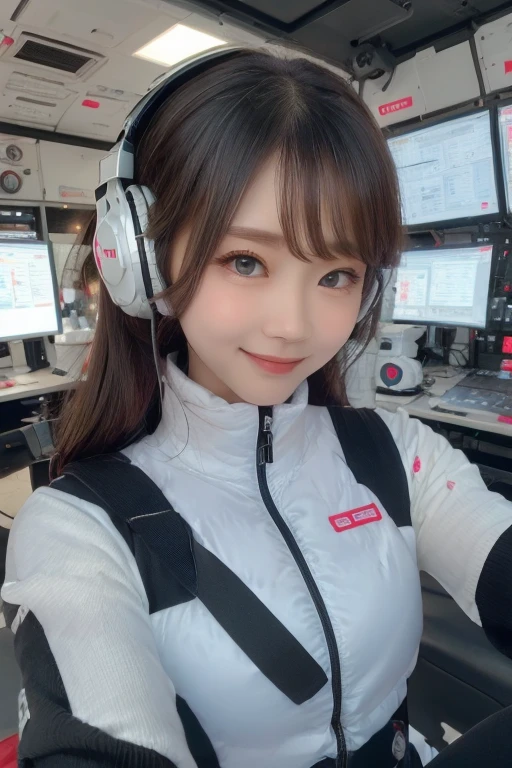 masterpiece, Highest quality, Very detailed, 8K Portrait,Japanese Android Girl,plump , Control panel,Robotic arms and legs, Blunt bangs,,break (Metallic Gray, Metallic luster, Mirror finish, Astro Best):5,headphone:5,break (Black sleeves):100,Smart Watches,Futuristic space station,Control Room,break headphone,blue eyes,(Black Hair):2,(Long Hair):1.3,Displaying the viewer,(respirator),break blush:3,Hidden Hand,smile