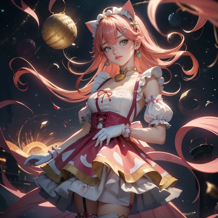 1girl, long hair, pink hair, long flowing hair, floating hair, ornament hair, perfectly body, perfectly hands, rose on hair, 1girl, white maid dress, jewelry, aqua hair, flowing hair, long hair, maid dress with a short skirt and layers, white laces, white boots, white dress with transparency, gold details on her clothes, cat ears, animal ears,  more details, perfectly body, perfectly hands, two hands, two legs, two arms, five fingers, glowing hair, best quality, cat ears, animal ears, white gloves, cat tail, alone, maid headdress, choker, detached sleeves, maid dress, maid white dress, strapless, masterpeice, best quality, detailed face, night, asymmetrical gloves, bangs, white short skirt , earrings, elbow gloves, fishnet thighhighs, fishmasterpeice, solo, best quality, detailed face, hair between eyes, jewelry, looking at viewer, single earring, sky, sleeveless, solo, thigh boots, thighhighs, tongue, tongue out, uneven gloves, cat ears, animal ears, cat tail, solo, alone, Looking at the viewer, magenta roses on her hair, space scenery, maid, maid dress, magenta details, maid headdress, maid apron, purple hair, long hair, seat on the Saturn rings, more details on her clothes, gold details on her clothes, space, smiling, standing her hand to a viewer, looking at the viewer, in the background a several asteroids glowing with fiery auras, Dramatic lighting from distant stars and planets illuminates the scene, looking at the vast and mysterious universe, cowboy shot, upper body portrait, more details, sparkle,