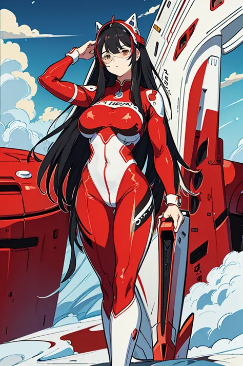 (masterpiece、Highest quality、8K、visor、whole body、Are standing)、One beautiful woman、Red and white rubber catsuit、Color Timer、Blac...