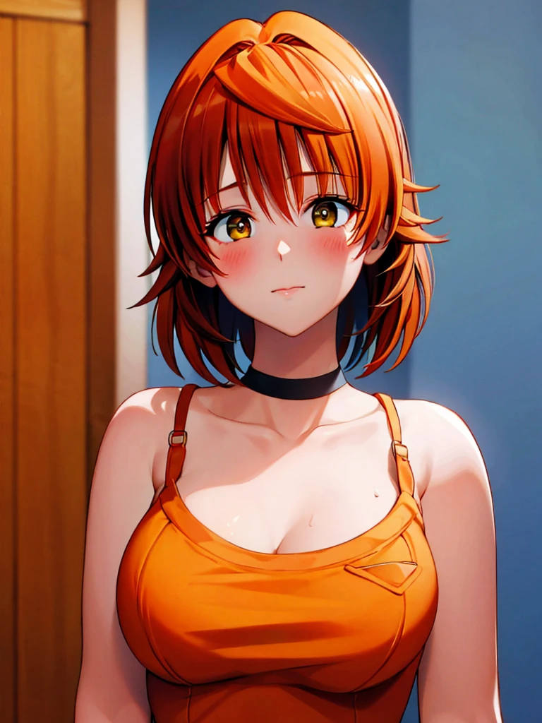 breasts, blush, short hair, bangs, multiple girls, shirt, 2girls, hair between eyes, blue hair, collarbone, yellow eyes, upper body, ahoge, red hair, choker, bag, orange eyes, blue shirt