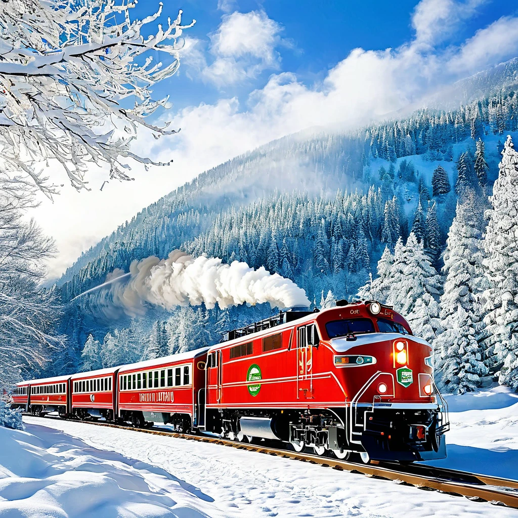 Create an image of a holiday train traveling through a snowy landscape. Show passengers enjoying hot chocolate and admiring the scenery.