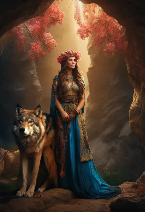 (Beautiful druid girl:1.3) Hugging the Wolf  (Extremely detailed CG 8k unity wallpaper,work of art, best qualityer, ultra detali...