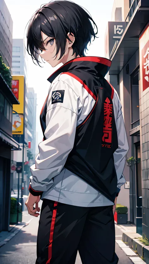 profile background, anime boy, serious face, black hair, grey eyes, martial arts clothing, high-res portrait, detailed eyes and ...