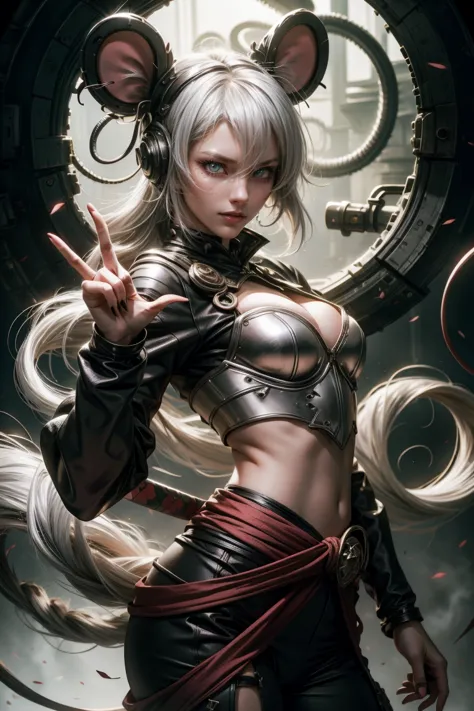 sexy ninja girl with mouse ears silvery white hair, with a katana, and jutsu hand sign