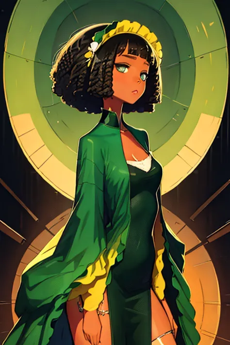 masterpiece, girl(afrocentric), bob hairstyle, summer dress, heels, from head to toe, black green & yellow aesthetic background,...