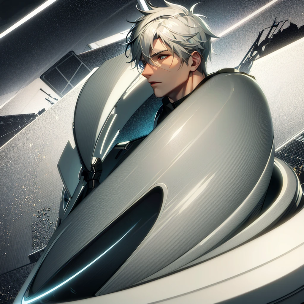 male character. naughty man. white  hair. golden colored eyes. black clothing. Futuristic Setting. cold and cautious face