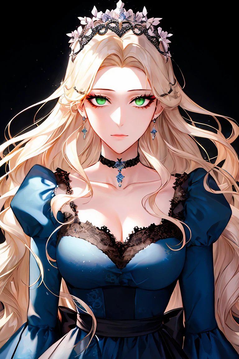 shoujo-style, floral background, romance manhwa, 1girl, blonde hair, solo, long hair, flower, dress, tiara, white dress, gloves, long sleeves, choker, green eyes, mascara, makeup, white gloves, black bow, black flower, wavy hair, bow, jewelry, looking at viewer, white background, collarbone, puffy sleeves, silver accessories, upper body, parted bangs, very long hair, blue dress, frills, bangs, closed mouth, (close up), gleaming skin, shiny glossy skin