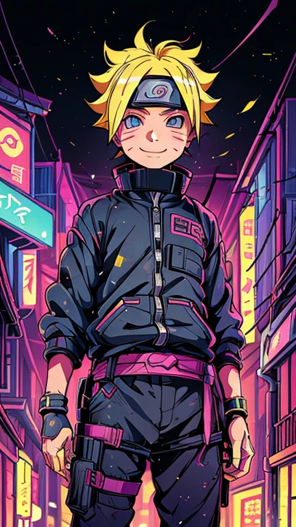 (8K),(obra maestra),(japonés),(Niño de 8 años),((mirada inocente)),((Infantil)),desde el frente,sonrisa,lindo,Inocente,ojos amables,pecho plano, Boruto Uzumaki,corto,Cabello ondeando al viento, Cabello amarillo,viento fuerte,Noche,dark, Luz de neón cyberpunk pueblo de Konoha 