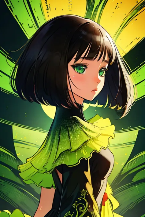 masterpiece, girl, aesthetic anime, bob hairstyle, summer dress, heels, from head to toe, black green & yellow aesthetic backgro...