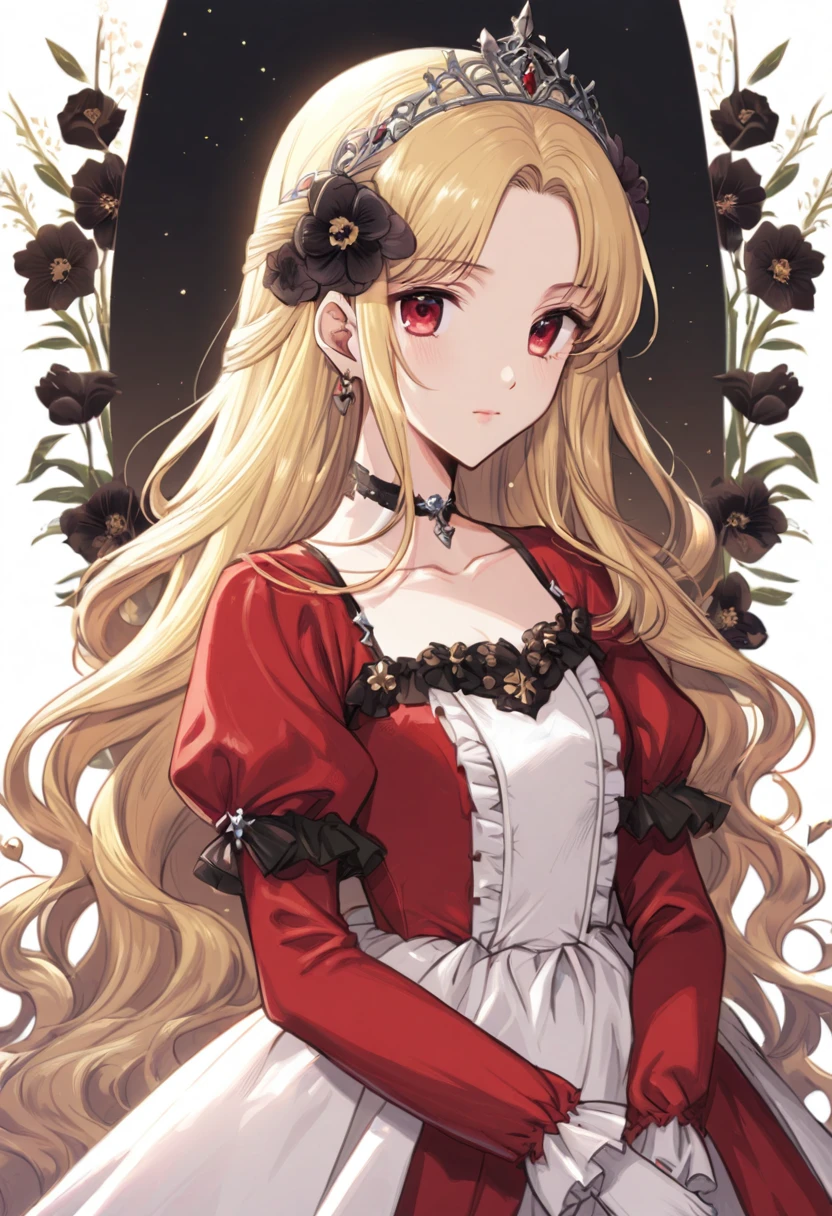 (fantasy-style:1.3), floral background, romance manhwa, 1girl, blonde hair, solo, long hair, flower, dress, tiara, white dress, gloves, long sleeves, choker, red eyes, white gloves, black bow, black flower, wavy hair, bow, jewelry, looking at viewer, white background, collarbone, puffy sleeves, silver accessories, upper body, parted bangs, very long hair, red dress, frills, bangs, closed mouth