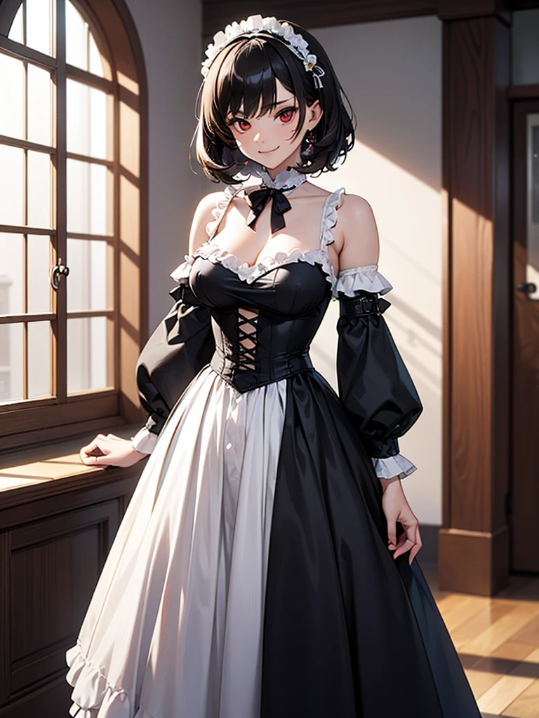 black hair, (solo), (victorian dress), (smirk), red eyes, pale skin, (pale), dark aura, fiendish aura, indoors, large breasts