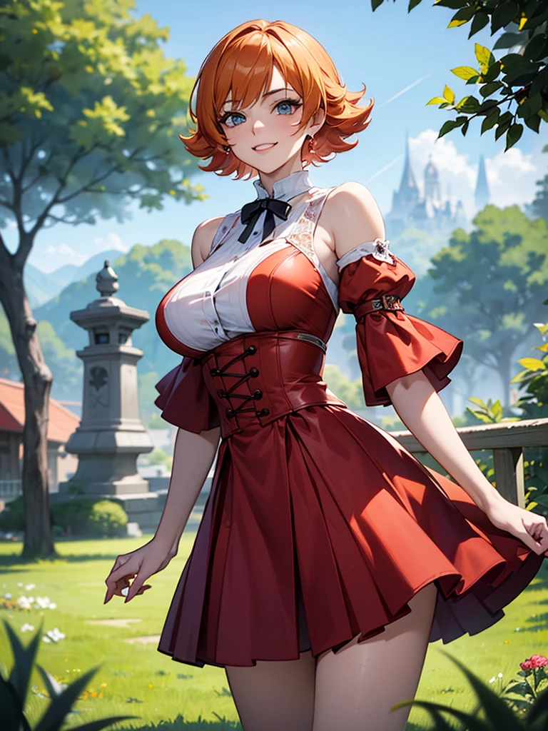 (solo), (red dress), (victorian dress), (smile), pale skin, (pale), outdoors, large breasts, happy, radiant glow, ((cowboy shot)), (holy aura), orange hair, ginger hair, bare shoulders, greenlands, open plains for background