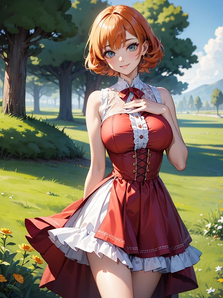 (solo), (red dress), (victorian dress), (smile), pale skin, (pale), outdoors, large breasts, happy, radiant glow, ((cowboy shot)), (holy aura), orange hair, ginger hair, bare shoulders, greenlands, open plains for background