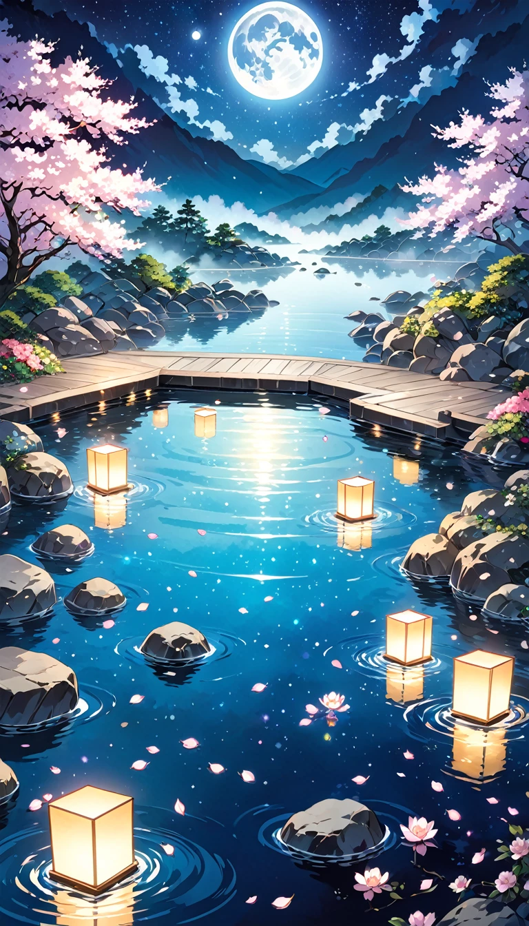 hot spring, mist, rocks, cherry blossoms, glittery mist, moonlight, sky, lots of stars in the sky, water reflections of the night sky, floating lanterns a above the water, flower petals in the water, moon in the sky, Anime art style