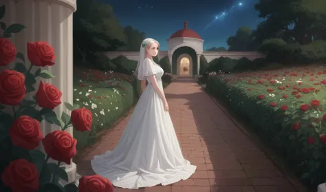 a woman dressed in white in a blood rose garden on a starry night