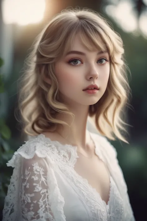 Blonde girl in white dress posing for photo, A surprisingly young and mysterious person, photorealistic anime girl render, Soft ...