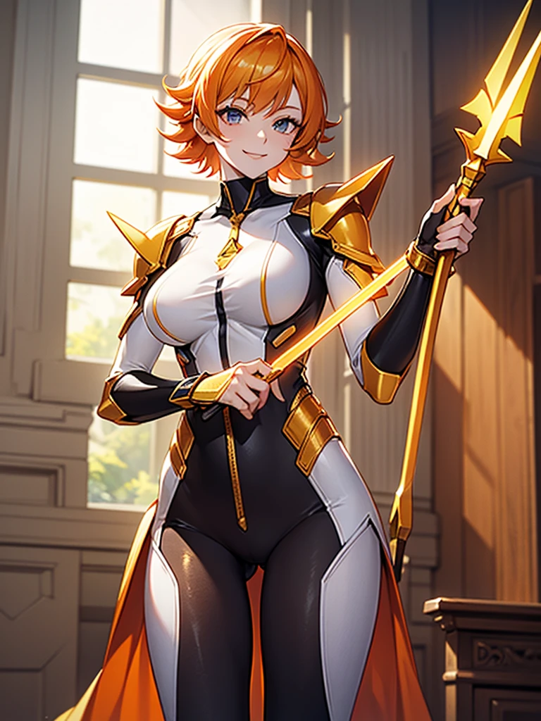 (solo), (bodysuit), (smile), pale skin, (pale), indoors, large breasts, ((holding a spear)), weapon, spear, happy, radiant glow, ((cowboy shot)), (holy aura), orange hair, ginger hair, long weapon, lance, holding a lance, golden lance, (one lance), ((one lance)), (golden lance)