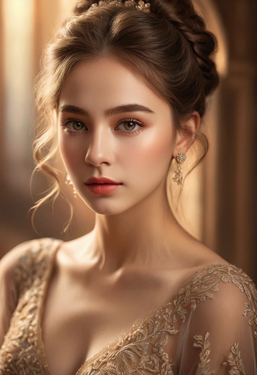 a beautiful young woman, 1girl, detailed face, beautiful eyes, long eyelashes, detailed lips, intricate hairstyle, elegant dress, soft lighting, serene expression, photorealistic, hyper detailed, 8k, high quality, digital painting, cinematic lighting, dramatic shadows, warm color palette, dramatic composition, highly detailed, masterpiece