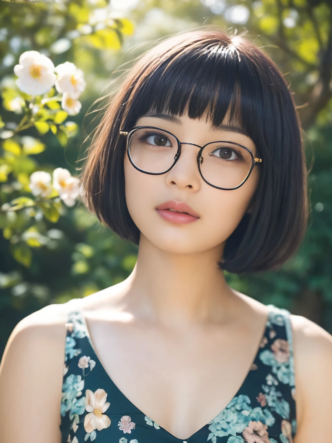 (RAW Photos, Highest quality), (Glasses), masterpiece, nature光, 1 Girl, nature, Female Model, blunt bangs, bowl cut hair, garden, Lush, Black Hair, sunlight, Natural Makeup, Relaxed facial expression, flower, Sunlight filtering through the trees, natureの中のベンチ, head shot