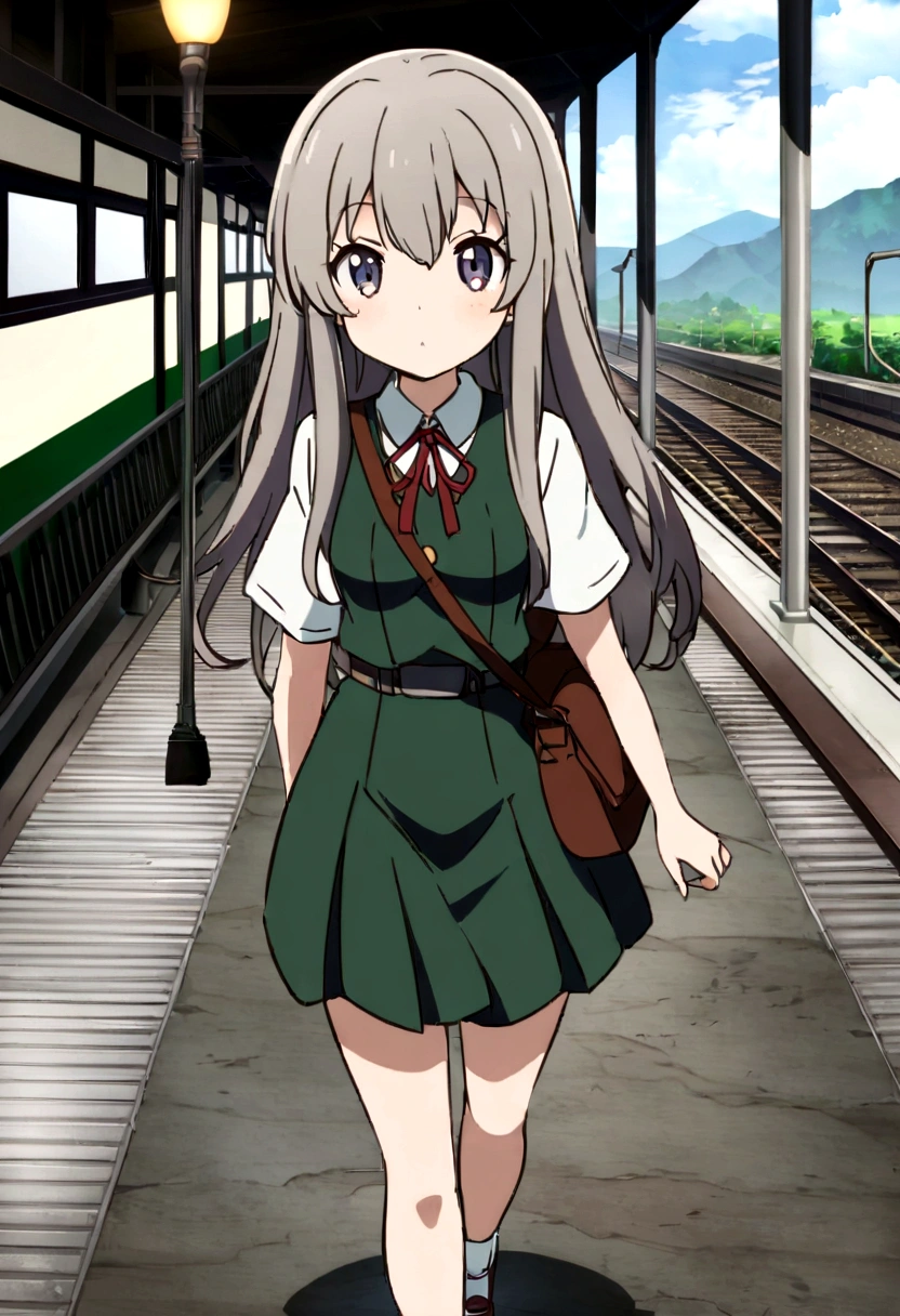 Anime girl with long hair walking on a train platform., Kantai Collection Style, railgun, Perfect, kantai collection gallery, cancolle, Makoto Shinkai Style, visual anime of a cute girl, makoto shinkai art style, beautiful anime high school girl, 4K anime style, official artwork, Shinkai Makoto