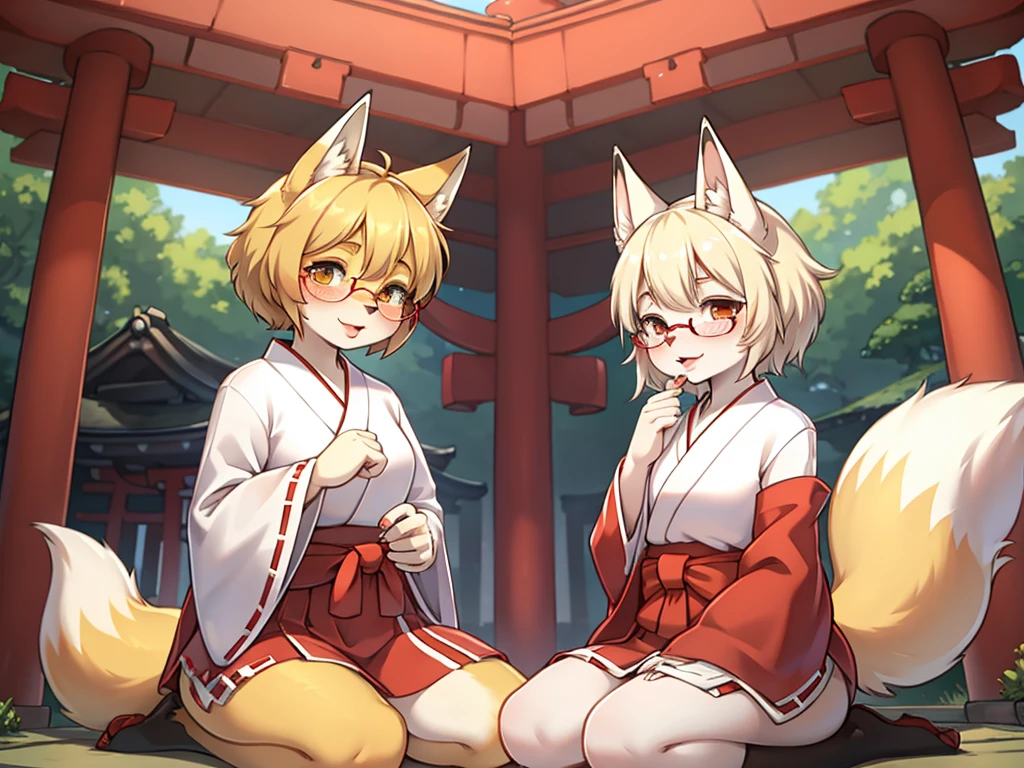 Japanese shrine maiden outfit fox , short blonde hair, freckles, (thick lips), plump, glasses , Suspicion eyes , gohei