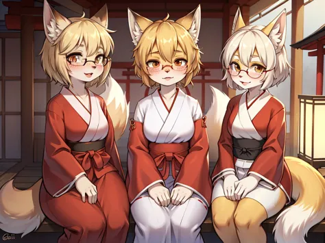 Japanese shrine maiden outfit fox , short blonde hair, freckles, (thick lips), plump, glasses , Suspicion eyes , gohei