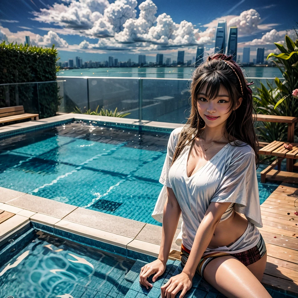 BloodRed, White in Pearly RainbowColors,ExtremelyDetailed(ProfessionalPhoto of Girl Floating in the Sky:1.37)ZoomLayer{Stunning|Mystic|GodRays|Haze}, 57th floor infinity pool in the urban forest. (Masterpiece 8K TopQuality:1.2)(ExtremelyDetailed NOGIZAKA face:1.37) ElaboratePupil with (SparklingHighlights:1.28) DoubleEyelids with Voluminous LongEyelashes PUNIPUNI RosyCheeks (Joyful Expressions LifeLike Rendering) MotionBlur  BREAK  (Acutance:0.77) PUNIPUNI Radiant Impeccable PearlSkin with Transparency White(Skinny SchoolSwimwear) {(HiddenHand)|((Corrected BabyLike Hand))} Whole Body Proportions and all limbs are Anatomically Accurate, {Carnation|Tulips|(Rose)} [FlowerWreath WrappedBody Full of Flowers Covering girl's body] {((Dazzling RainbowColorHorizon))|ColorfulSky|ColoredClouds|Starly RainbowColor Particles}(extra limbs:-1.4)(Not Detailed Face:-1.37)(Not Detailed Hand:-1.28), Drawing infinity pool reference to the rooftop of Marina Bay Sands