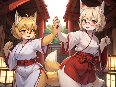 Japanese shrine maiden outfit fox , short blonde hair, freckles, (thick lips), plump, glasses , Suspicion eyes , gohei , Japanes...