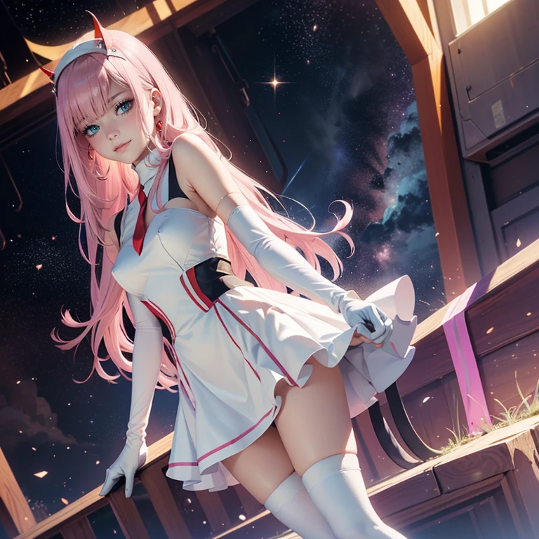 Zero Two, long hair, pink hair, two red horns, 1girl, white maid dress, jewelry, flowing hair, long hair, maid dress with a short skirt and layers, white laces, white boots, white dress with transparency, gold details on her clothes, cat ears, animal ears,  more details, perfectly body, perfectly hands, two hands, two legs, two arms, five fingers, glowing hair, best quality, cat ears, animal ears, white gloves, cat tail, alone, maid headdress, choker, detached sleeves, maid dress, maid white dress, strapless, masterpeice, best quality, detailed face, night, asymmetrical gloves, bangs, white short skirt , earrings, elbow gloves, fishnet thighhighs, fishmasterpeice, solo, best quality, detailed face, hair between eyes, jewelry, looking at viewer, single earring, sky, sleeveless, solo, thigh boots, thighhighs, tongue, tongue out, uneven gloves, cat ears, animal ears, cat tail, solo, alone, Looking at the viewer, magenta roses on her hair, space scenery, maid, maid dress, magenta details, maid headdress, maid apron, purple hair, long hair, seat on the Saturn rings, more details on her clothes, gold details on her clothes, space, smiling, standing her hand to a viewer, looking at the viewer, in the background a several asteroids glowing with fiery auras, Dramatic lighting from distant stars and planets illuminates the scene, looking at the vast and mysterious universe, cowboy shot, upper body portrait, more details, sparkle,