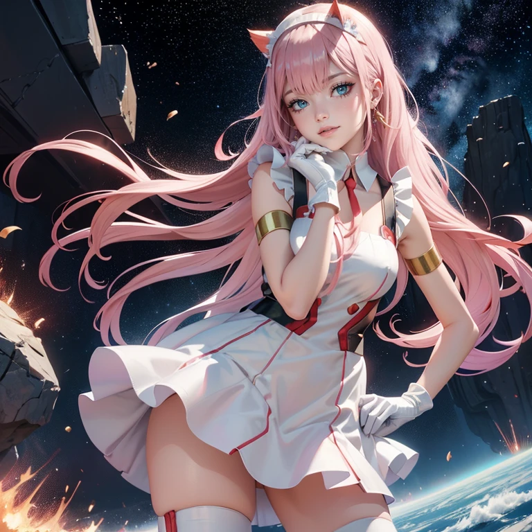 Zero Two, long hair, pink hair, two red horns, 1girl, white maid dress, jewelry, flowing hair, long hair, maid dress with a short skirt and layers, white laces, white boots, white dress with transparency, gold details on her clothes, cat ears, animal ears,  more details, perfectly body, perfectly hands, two hands, two legs, two arms, five fingers, glowing hair, best quality, cat ears, animal ears, white gloves, cat tail, alone, maid headdress, choker, detached sleeves, maid dress, maid white dress, strapless, masterpeice, best quality, detailed face, night, asymmetrical gloves, bangs, white short skirt , earrings, elbow gloves, fishnet thighhighs, fishmasterpeice, solo, best quality, detailed face, hair between eyes, jewelry, looking at viewer, single earring, sky, sleeveless, solo, thigh boots, thighhighs, tongue, tongue out, uneven gloves, cat ears, animal ears, cat tail, solo, alone, Looking at the viewer, magenta roses on her hair, space scenery, maid, maid dress, magenta details, maid headdress, maid apron, purple hair, long hair, seat on the Saturn rings, more details on her clothes, gold details on her clothes, space, smiling, standing her hand to a viewer, looking at the viewer, in the background a several asteroids glowing with fiery auras, Dramatic lighting from distant stars and planets illuminates the scene, looking at the vast and mysterious universe, cowboy shot, upper body portrait, more details, sparkle,