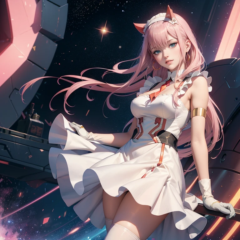 Zero Two, long hair, pink hair, two red horns, 1girl, white maid dress, jewelry, flowing hair, long hair, maid dress with a short skirt and layers, white laces, white boots, white dress with transparency, gold details on her clothes, cat ears, animal ears,  more details, perfectly body, perfectly hands, two hands, two legs, two arms, five fingers, glowing hair, best quality, cat ears, animal ears, white gloves, cat tail, alone, maid headdress, choker, detached sleeves, maid dress, maid white dress, strapless, masterpeice, best quality, detailed face, night, asymmetrical gloves, bangs, white short skirt , earrings, elbow gloves, fishnet thighhighs, fishmasterpeice, solo, best quality, detailed face, hair between eyes, jewelry, looking at viewer, single earring, sky, sleeveless, solo, thigh boots, thighhighs, tongue, tongue out, uneven gloves, cat ears, animal ears, cat tail, solo, alone, Looking at the viewer, magenta roses on her hair, space scenery, maid, maid dress, magenta details, maid headdress, maid apron, purple hair, long hair, seat on the Saturn rings, more details on her clothes, gold details on her clothes, space, smiling, standing her hand to a viewer, looking at the viewer, in the background a several asteroids glowing with fiery auras, Dramatic lighting from distant stars and planets illuminates the scene, looking at the vast and mysterious universe, cowboy shot, upper body portrait, more details, sparkle,