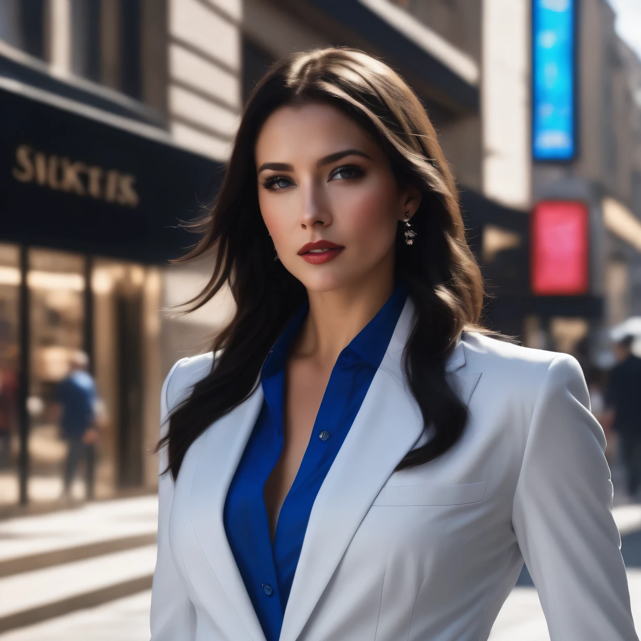 Woman banker in an elegant suit with colorful blue shirt and stylish blue cloth pants.
Sleek shoulder-length black hair that glistened in the light.
The skin was completely white A sexy banker At the end of the street, in front of a retail store (work of art)(comely)(good quality)