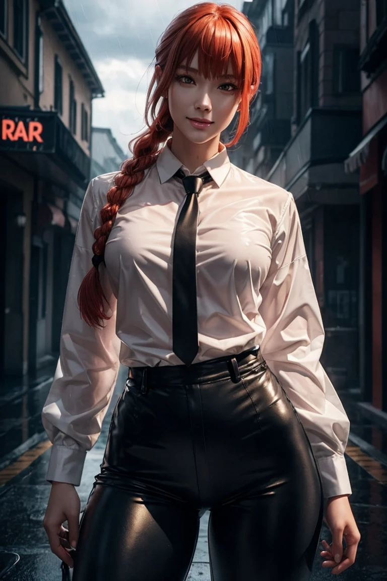Chainsaw Man,Makima,With bangs,Red Hair,Braids at the back,Golden Eyes,White long sleeve shirt,Black tie,Black Leather Pants,Ultra HD,super high quality,masterpiece,Digital SLR,Photorealistic,Detailed details,Vivid details,Depicted in detail,A detailed face,Detailed details,Super Detail,Realistic skin texture,Anatomical basis,Perfect Anatomy,Anatomically correct hand,Anatomically correct fingers,Complex 3D rendering,Sexy pose,Rainy Sky,Beautiful scenery,Fantastic rainy sky,Picturesque,Pink Lips,smile,