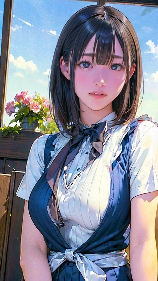 (masterpiece:1.2, Highest quality), (Realistic, photoRealistic:1.4), Beautiful illustrations, (Natural Side Lighting, Cinema Lighting), Written boundary depth, Looking at the audience, (Face Focus, Upper Body), Front view, 1 Girl, Japanese, high school girl, 15 years old, Perfect Face, Symmetrical cute face, Shiny skin, (Bob Hair:1.7,Black Hair), Asymmetrical bangs, Big eyes, Droopy eyes, long eyelashes chest), thin, Beautiful Hair, Beautiful Face, Beautiful and beautiful eyes, Beautiful clavicle, Beautiful body, Beautiful breasts, Beautiful thighs, Beautiful feet, Beautiful fingers, ((High quality fabric, brown knit vest, Short sleeve white collar shirt, Navy Pleated Skirt, Navy bow tie)), (Beautiful views), evening, (Inside the flower shop), Are standing, (smile, Excellent, Open your mouth), (From below:1.5),(Poor horizon:1.5)