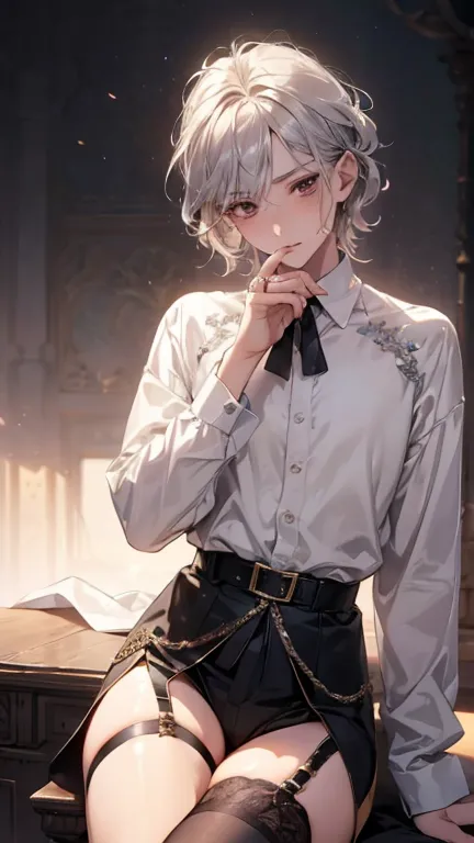 8k, masterpiece, highest quality, very detailed, one boy, silver hair, short medium hair,wavy hair、shiny brown eyes, sexy, garte...