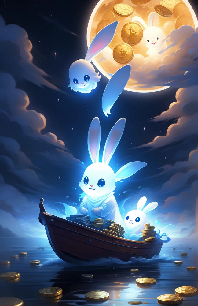 (((Ghost Bunny ))) Cute sky creatures, On a night cruise, Boat, Bitcoin,  Coins pile up, moonlight,Magic in the air,Calm and peaceful atmosphere,Signs of fog in the distance,Great quality,Infinite photorealistic detail