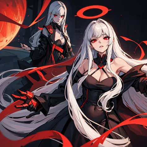 sensual female character with long white hair. red eyes. mature face. black dress with low neckline. it must be in a futuristic ...