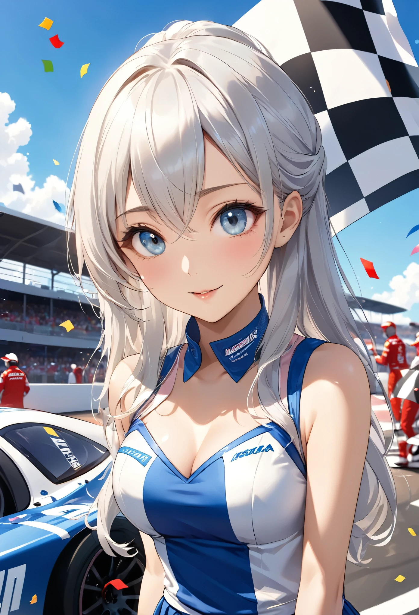 Highest quality, Super quality, 16K, Incredibly absurd, Very detailed, 2.5D, delicate and dynamic, blue sky, Confetti, Racing Car, Checkered Flag, Extremely delicate facial expression, Delicate eye depiction, Upper body close-up, sole sexy lady, healthy shaped body, 22 years old lady, Race Queen, 170cm tall, big firm bouncing busts, white silver long hair, 派手なRace Queenのコスチューム, blue long skirt, white leather long boots, Formula 1, Auto Racing Track