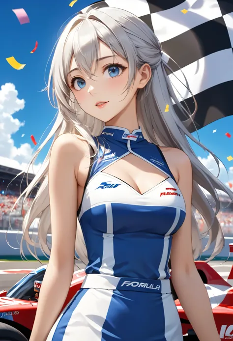 Highest quality, Super quality, 16K, Incredibly absurd, Very detailed, 2.5D, delicate and dynamic, blue sky, Confetti, Racing Car, Checkered Flag, Extremely delicate facial expression, Delicate eye depiction, Upper body close-up, sole sexy lady, healthy shaped body, 22 years old lady, Race Queen, 170cm tall, big firm bouncing busts, white silver long hair, 派手なRace Queenのコスチューム, blue long skirt, white leather long boots, Formula 1, Auto Racing Track