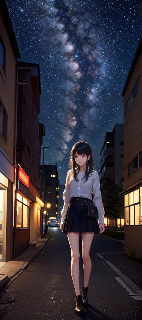 octane, sky, Star (sky), scenery, Starry sky, evening, 1 girl, evening sky, Alone, outdoor, building, cloud, Milky Way, session, tree, wide, City, silhouette, Cityscape
