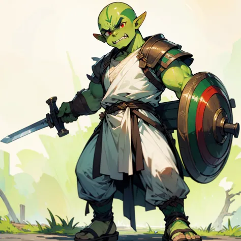 1little boys orc, orc version, full body version, red eyes, green colour skins, angry eyes, bald hairstyle, angry expression, an...