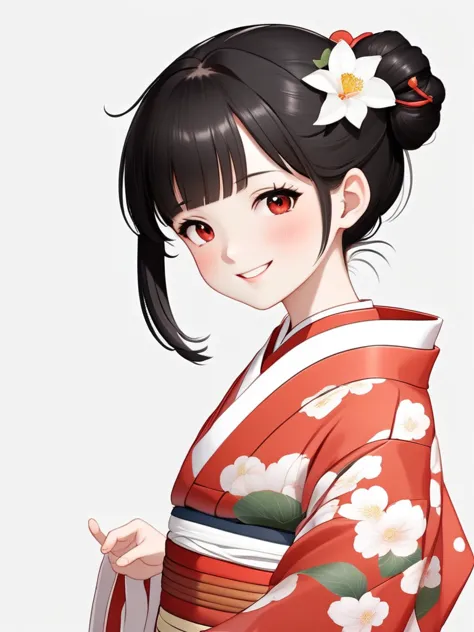 highest quality、high quality illustrations、1 japanese girl、red kimono、black-haired、straight bangs、so cute、white background、upper...