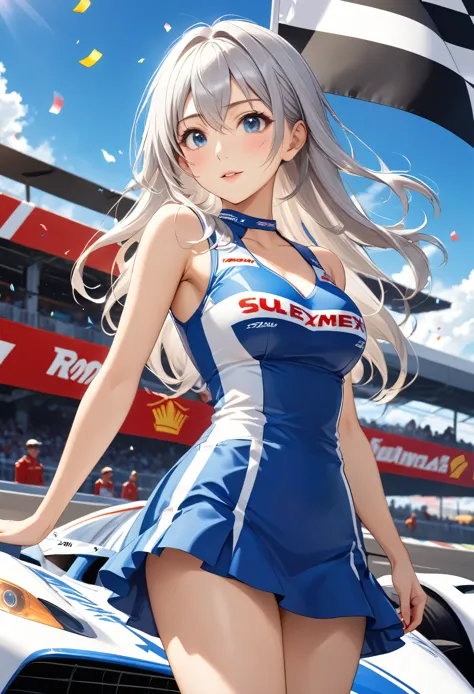 Highest quality, Super quality, 16K, Incredibly absurd, Very detailed, 2.5D, delicate and dynamic, blue sky, Confetti, Racing Car, Checkered Flag, Small face, Extremely delicate facial expression, Delicate eye depiction, Upper body close-up, sole sexy lady, healthy shaped body, 22 years old lady, Race Queen, 170cm tall, big firm bouncing busts, white silver long hair, sexy long legs, 派手なRace Queenのコスチューム, blue long skirt, white leather long boots, Formula 1, Auto Racing Track