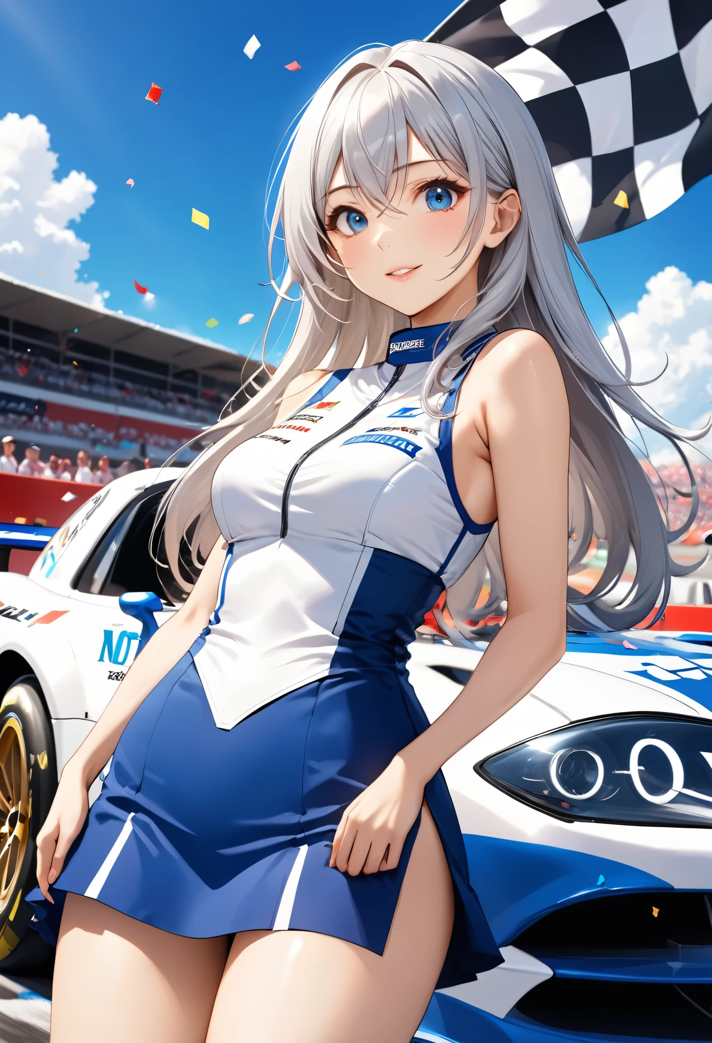 Highest quality, Super quality, 16K, Incredibly absurd, Very detailed, 2.5D, delicate and dynamic, blue sky, Confetti, Racing Car, Checkered Flag, Small face, Extremely delicate facial expression, Delicate eye depiction, Upper body close-up, sole sexy lady, healthy shaped body, 22 years old lady, Race Queen, 170cm tall, big firm bouncing busts, white silver long hair, sexy long legs, Flashy Race Queen costume, blue long skirt, white leather long boots, Formula 1, Auto Racing Track