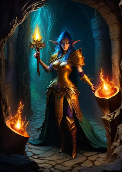 1girl 
in the dimly lit whispering shadows dungeon, seraphina, the elf rogue, stands poised for battle, her daggers gleaming in ...