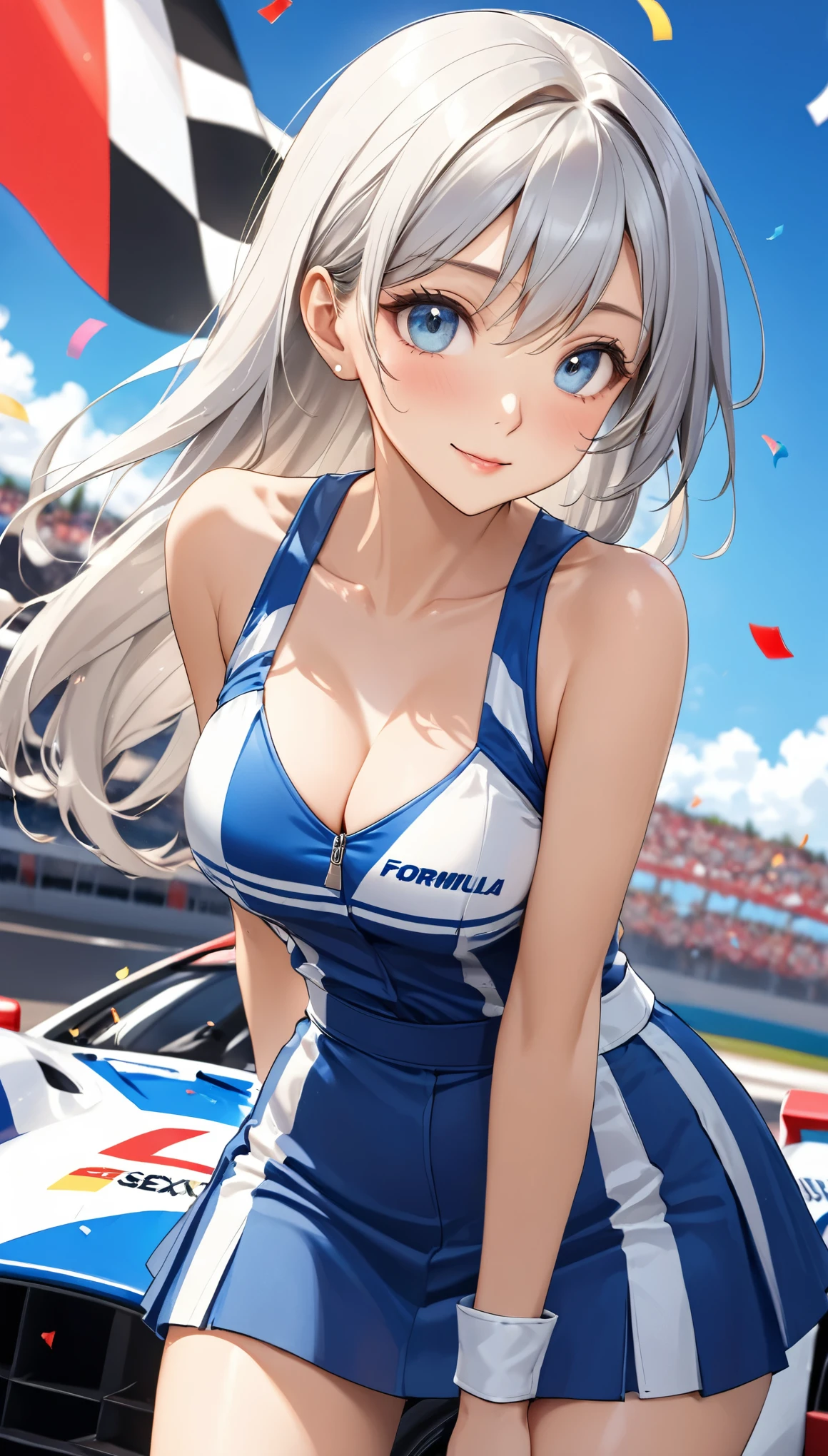 Highest quality, Super quality, 16K, Incredibly absurd, Very detailed, 2.5D, delicate and dynamic, blue sky, Confetti, Racing Car, Checkered Flag, Small face, Extremely delicate facial expression, Delicate eye depiction, Upper body close-up, sole sexy lady, healthy shaped body, 22 years old lady, Race Queen, 170cm tall, big firm bouncing busts, white silver long hair, sexy long legs, Flashy Race Queen costume, blue long skirt, white leather long boots, Formula 1, Auto Racing Track